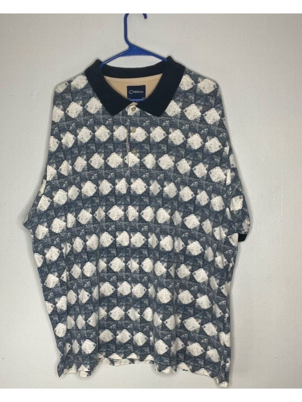 Vintage Catalina Men's 3XL Polo Shirt Blue and White Patterned 100% Cotton